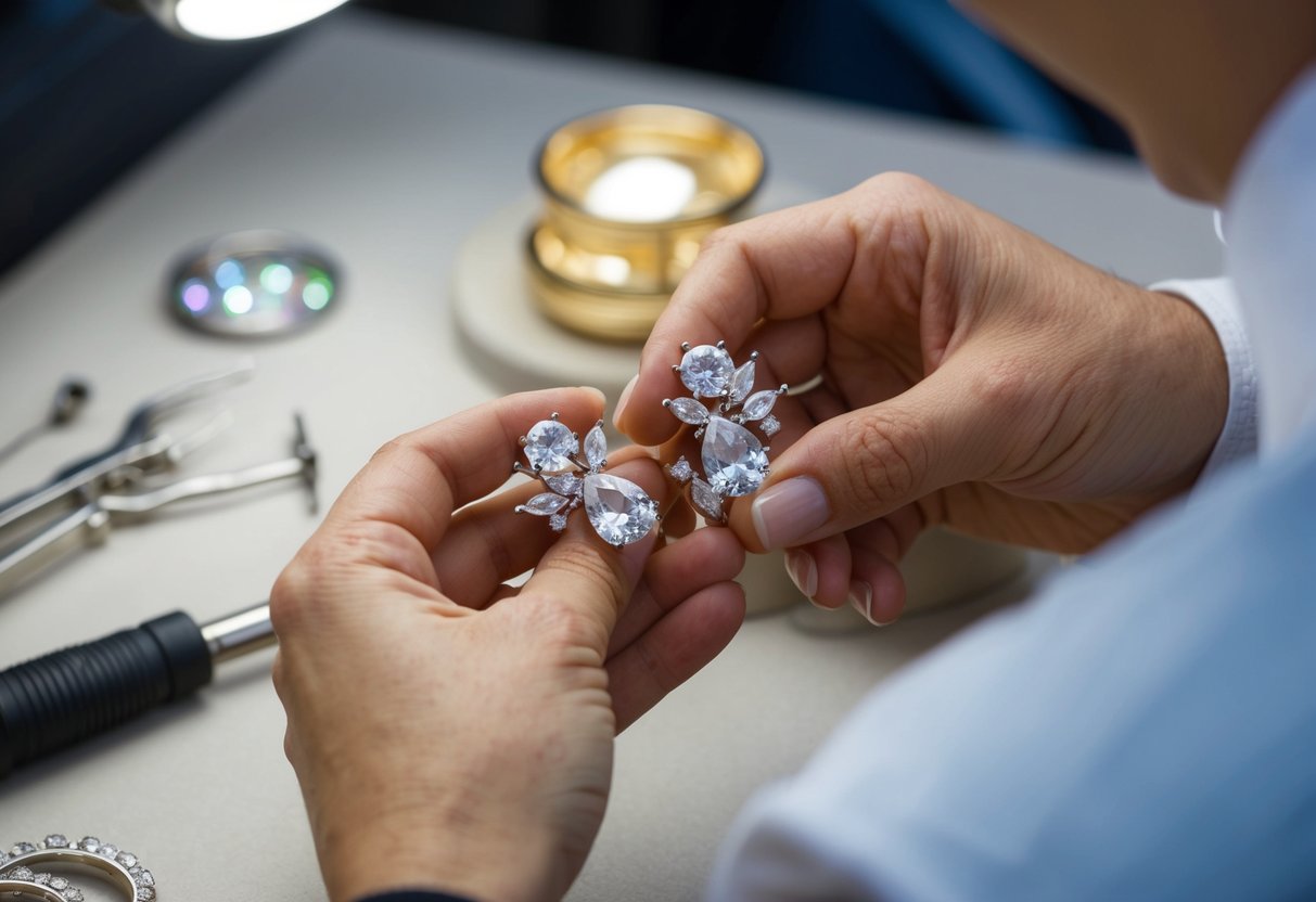 A jeweler carefully selects and sets cubic zirconia stones into intricate earring designs, using precision tools and a steady hand