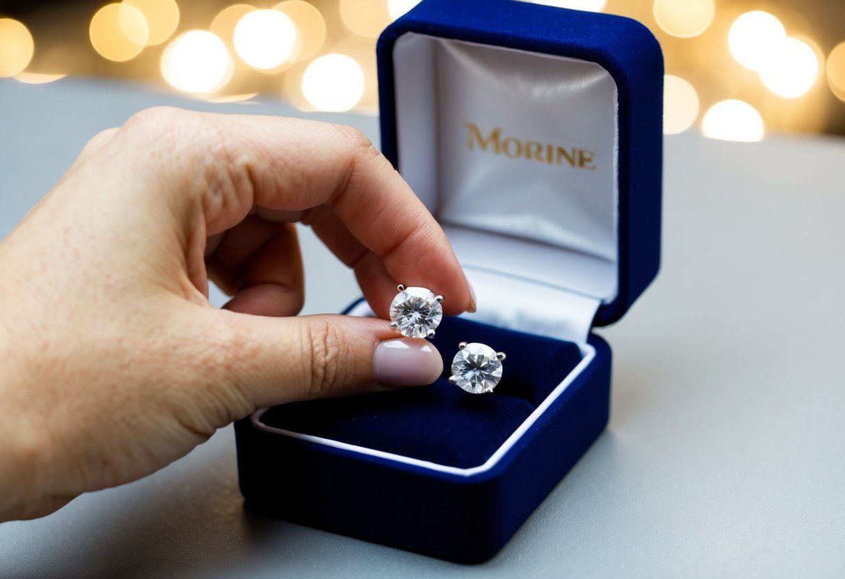 A hand gently places personalized cubic zirconia earrings into a velvet-lined jewelry box, with a soft light highlighting their brilliant sparkle