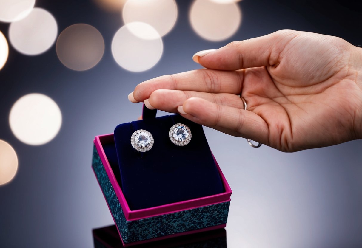 A hand reaches out to present personalized cubic zirconia earrings in a decorative box