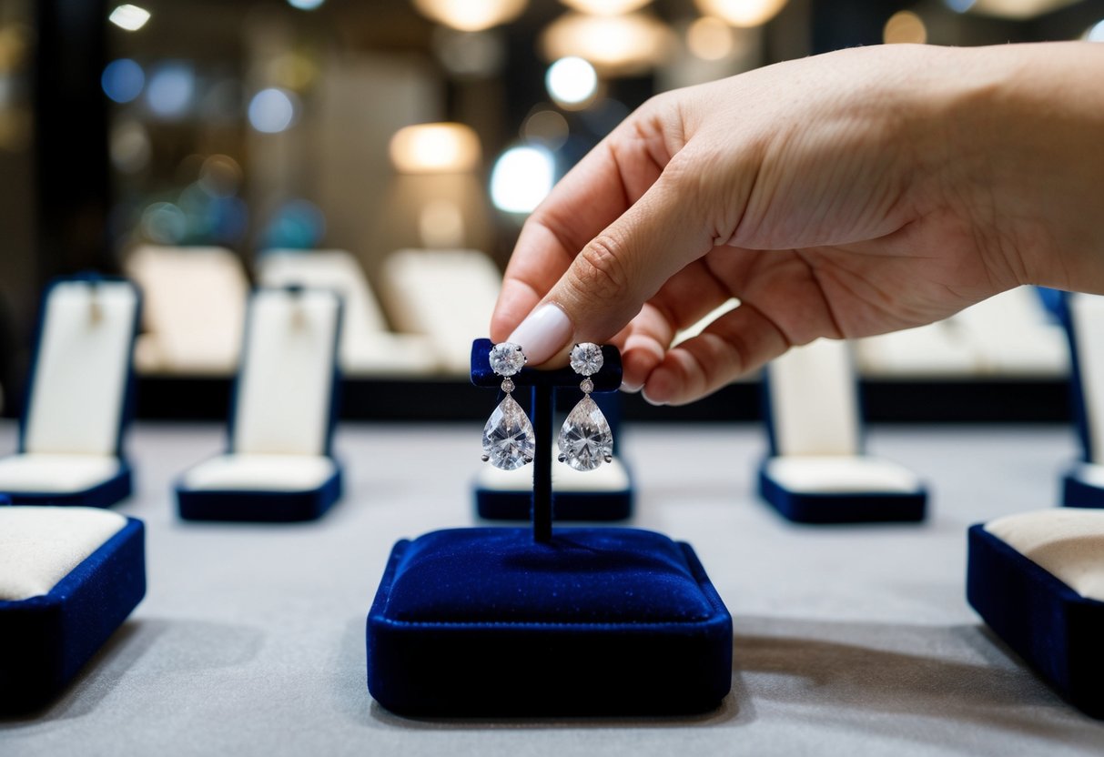 A hand reaching for a pair of sparkling cubic zirconia earrings displayed on a velvet cushion in a jewelry store