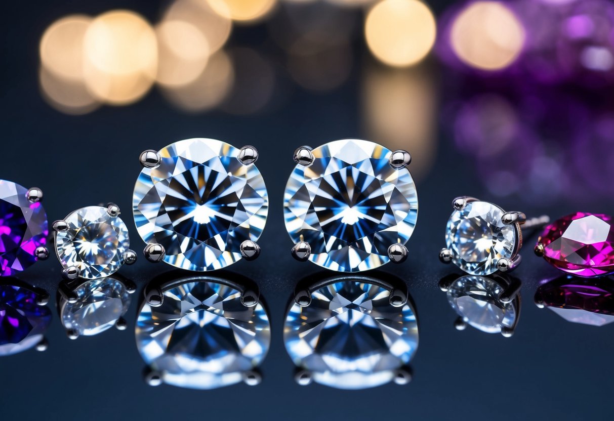 A pair of personalized cubic zirconia earrings is displayed next to various other gemstones, showcasing their unique characteristics and differences