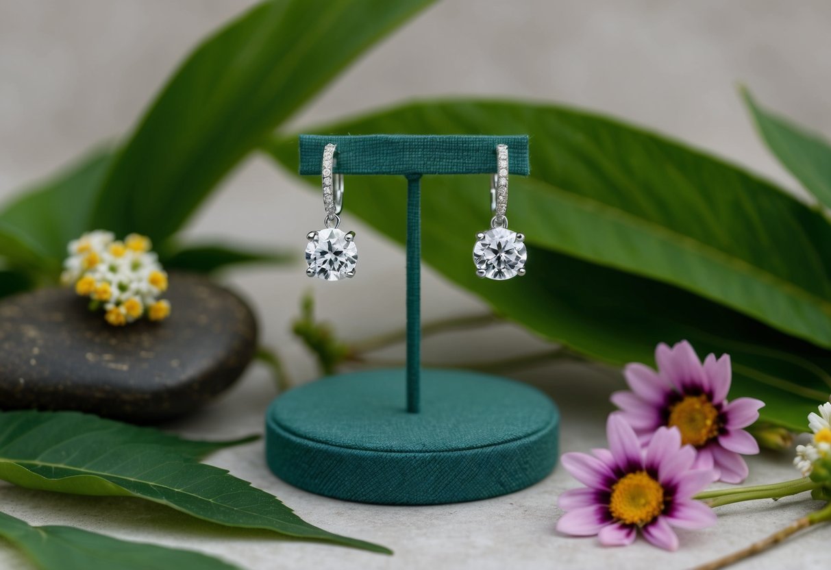 A pair of personalized cubic zirconia earrings displayed on a sustainable, eco-friendly jewelry stand, surrounded by natural elements like leaves and flowers