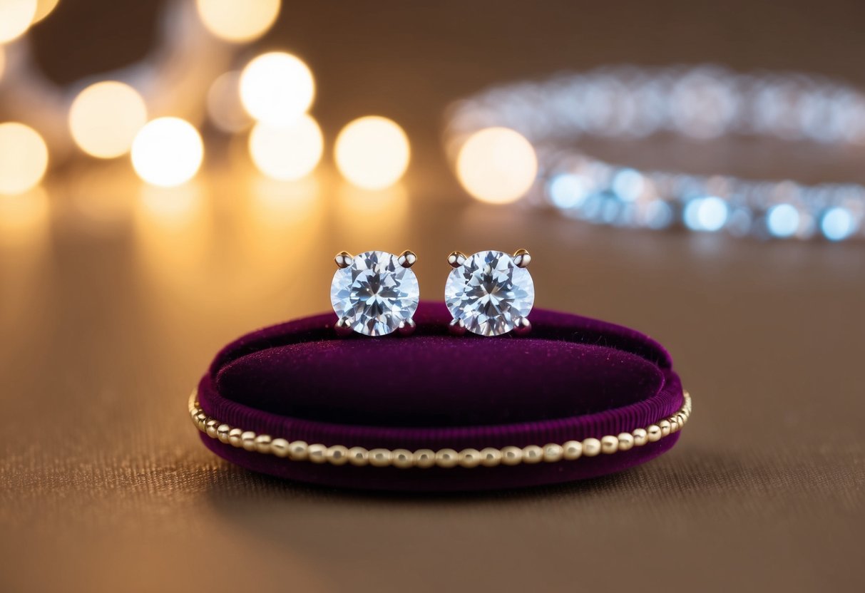 A pair of personalized cubic zirconia earrings displayed on a velvet cushion under soft, warm lighting