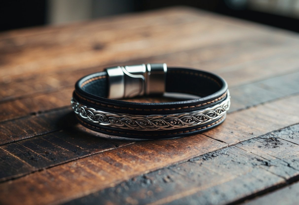 A leather bracelet with intricate metal detailing, custom-made for a man, lies on a rustic wooden table