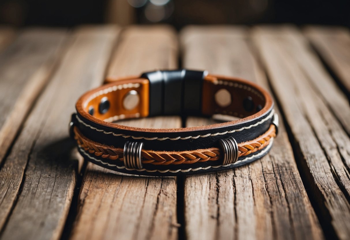 A leather bracelet with intricate stitching and metal accents, displayed on a rustic wooden surface with soft natural lighting