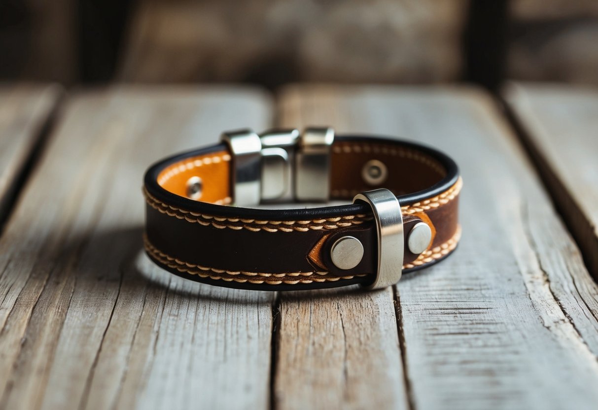 A custom leather bracelet with intricate stitching and metal hardware, set against a rustic wooden backdrop with soft natural lighting