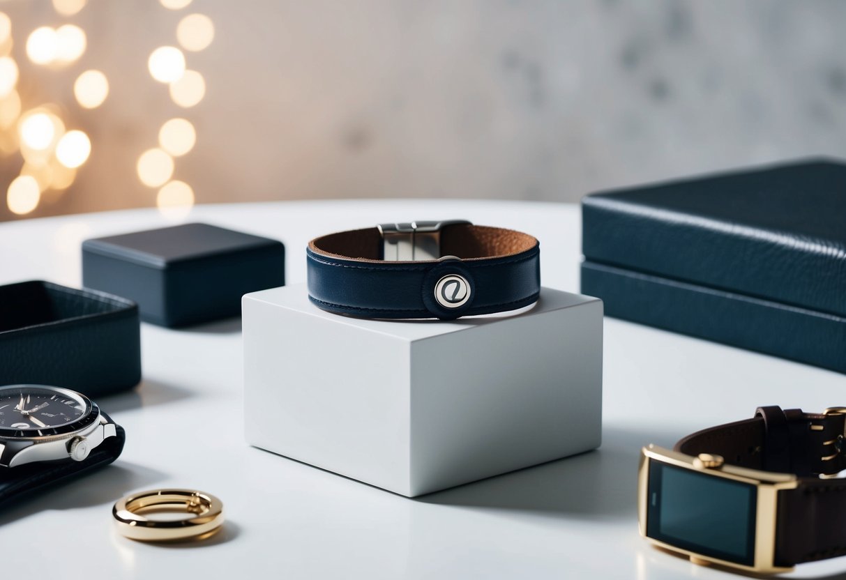 A sleek, custom men's leather bracelet displayed on a minimalist, modern surface, surrounded by other stylish accessories