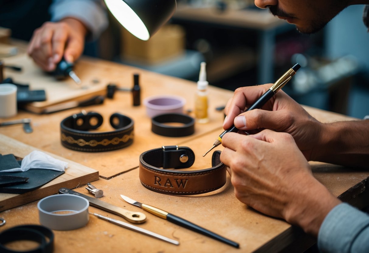 A craftsman engraves initials onto a brown leather bracelet, while another artist paints designs on a black leather bracelet. Tools and materials are scattered on the worktable