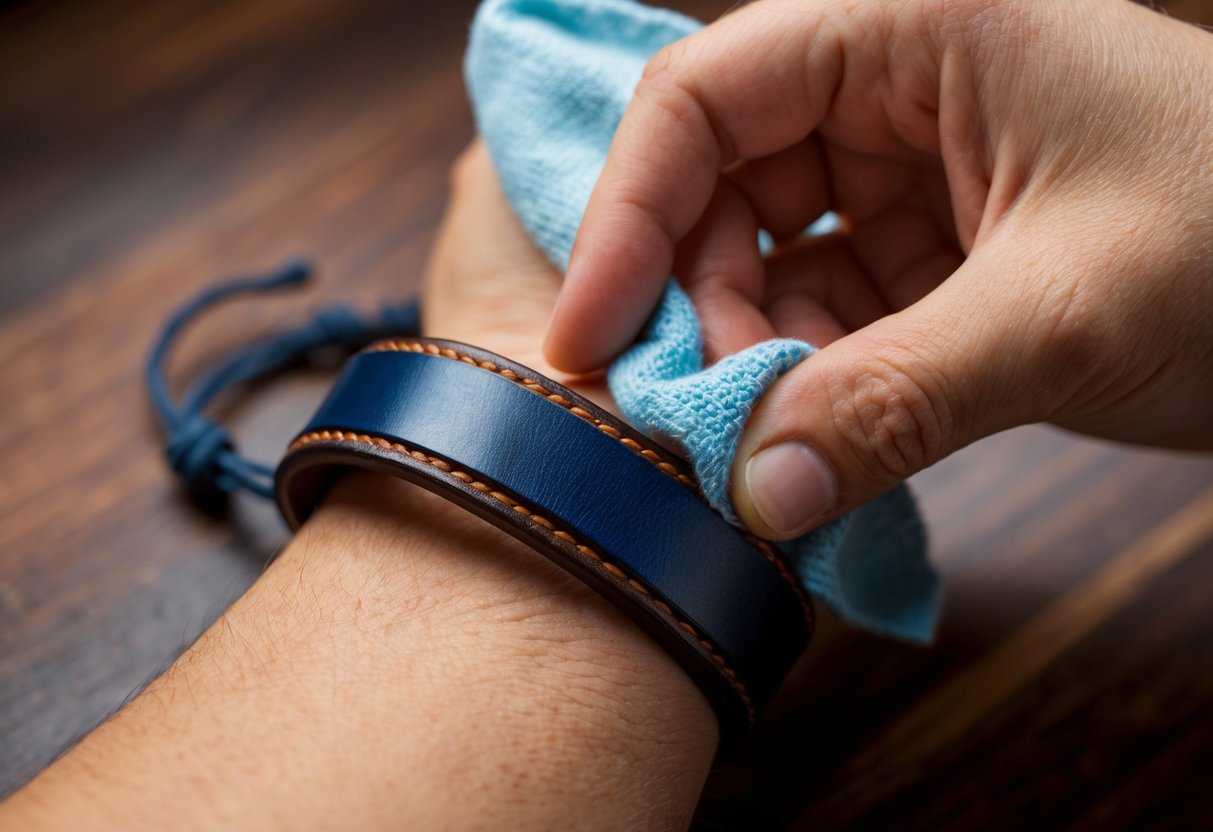 A handcrafted leather bracelet being gently cleaned and polished with a soft cloth, the rich texture and intricate details of the design catching the light