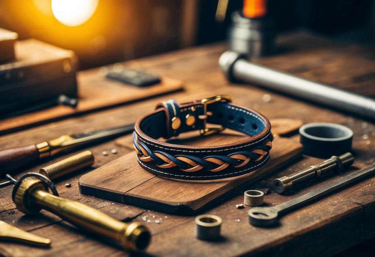 A handcrafted custom leather bracelet sits on a rustic wooden table, surrounded by tools and materials. The warm glow of the workshop illuminates the intricate details of the bracelet's design