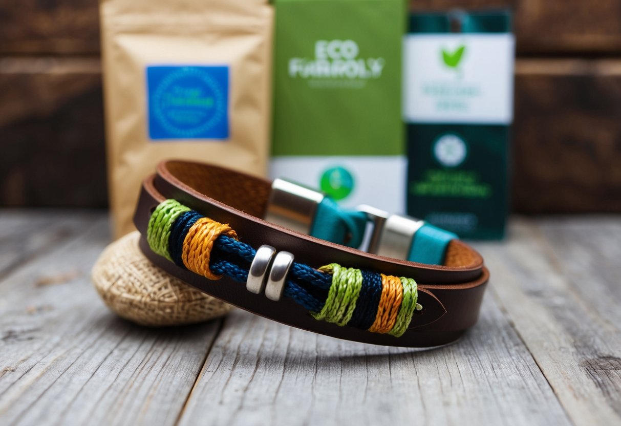 A handcrafted leather bracelet with natural dyes and recycled metal fastenings, displayed against a backdrop of eco-friendly packaging and ethically sourced materials