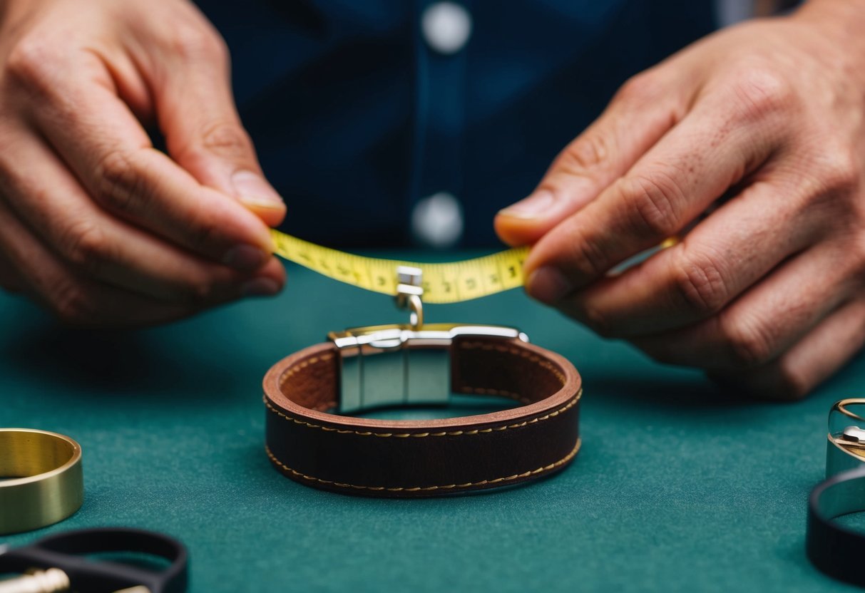 A leather bracelet being measured and priced by a jeweler