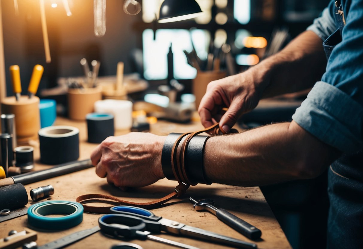 A leather bracelet being measured and crafted by a skilled artisan at a workbench surrounded by tools and materials