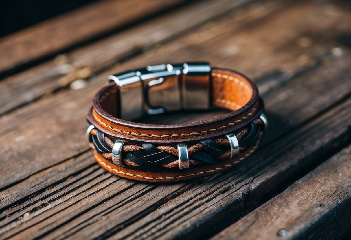 A rugged, handcrafted leather bracelet with intricate stitching and metal accents, laid out on a rustic wooden surface