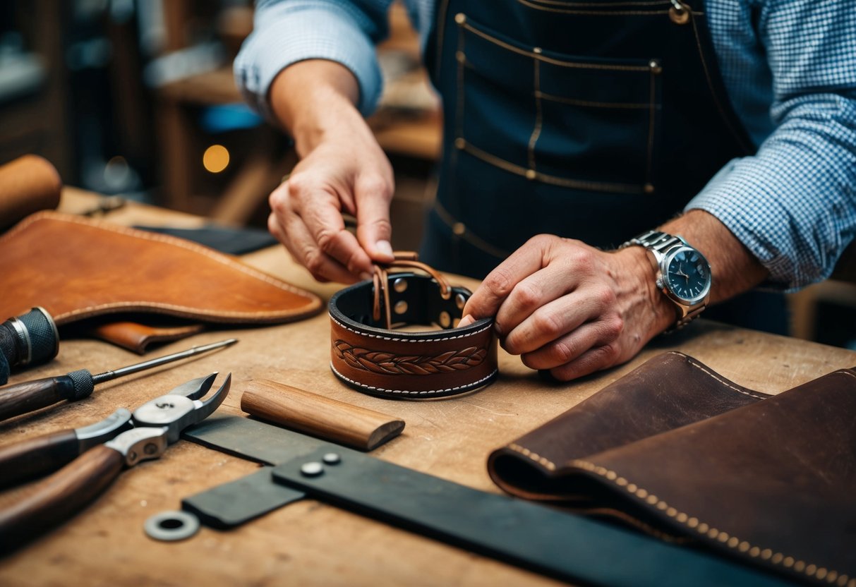 A craftsman meticulously carves and stitches a custom men's leather bracelet, surrounded by tools, leather hides, and intricate designs