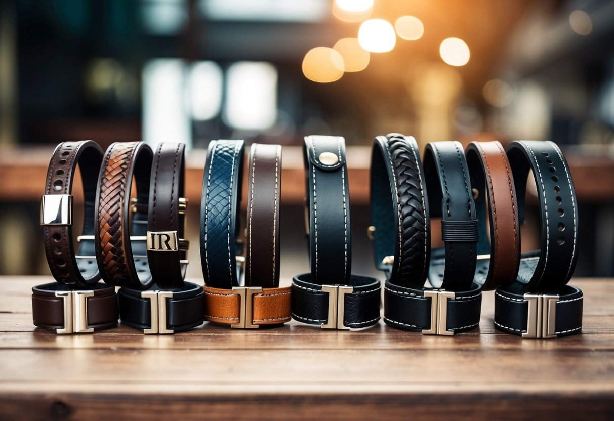 A collection of men's leather bracelets displayed on a wooden table, showcasing various styles and designs