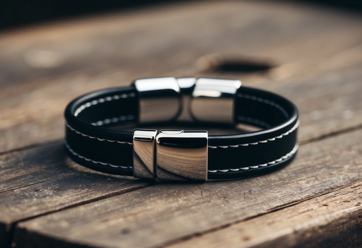 A close-up of a sleek, black leather bracelet with silver hardware, laying on a rustic wooden surface