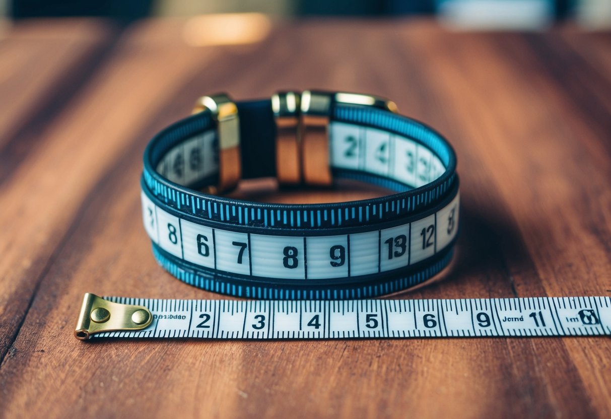 A measuring tape wrapped around a leather bracelet, showing the sizing and fit details