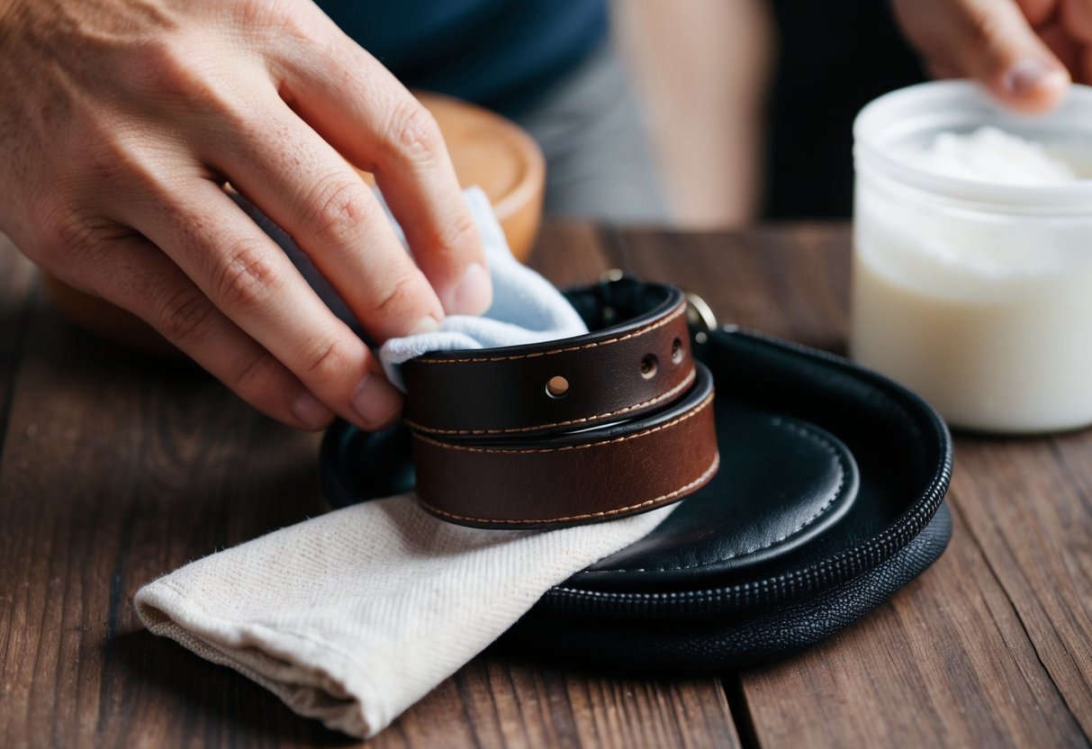 A leather bracelet being gently wiped with a soft cloth, then polished with a leather conditioner, and finally stored in a protective pouch