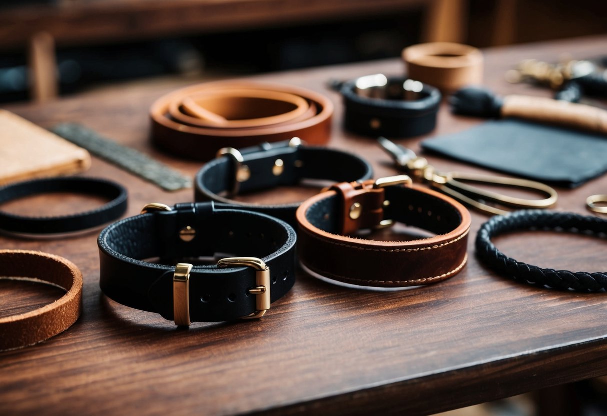 A table with various leather bracelets, tools, and materials laid out for crafting