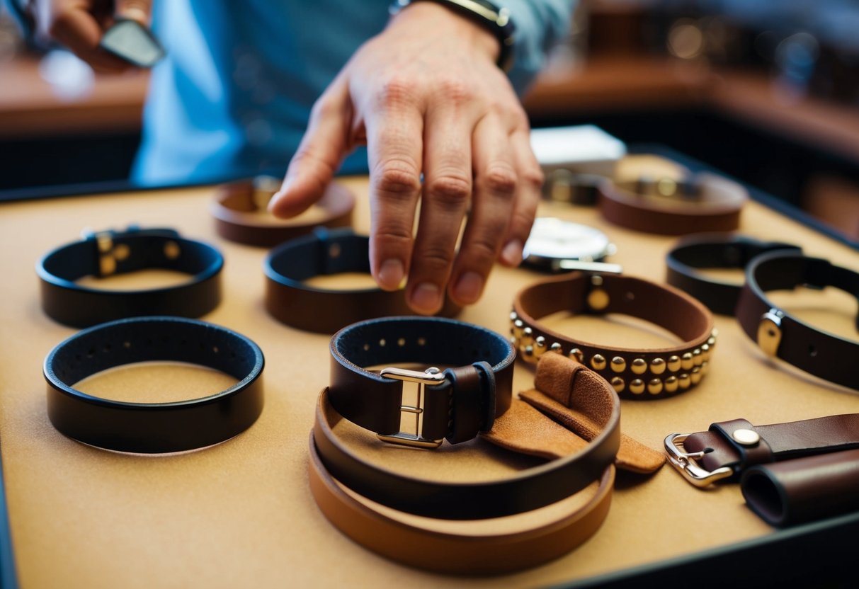 A man's hand reaches out to a display of leather bracelets. A craftsman measures and cuts leather, then carefully assembles the bracelet, adding personalized details