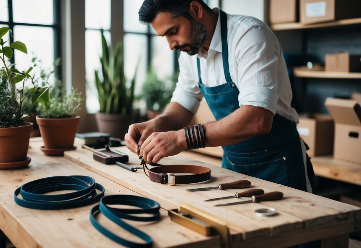 An artisan handcrafts a custom leather bracelet, using sustainable materials and tools on a wooden workbench. The workshop is bathed in natural light, with potted plants and recycled packaging materials visible in the background