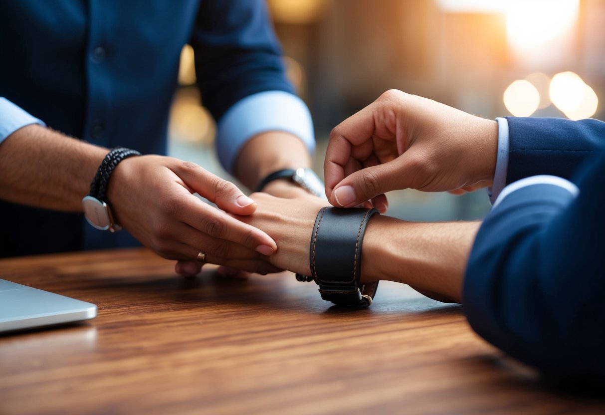 A leather bracelet being adjusted by a customer service representative