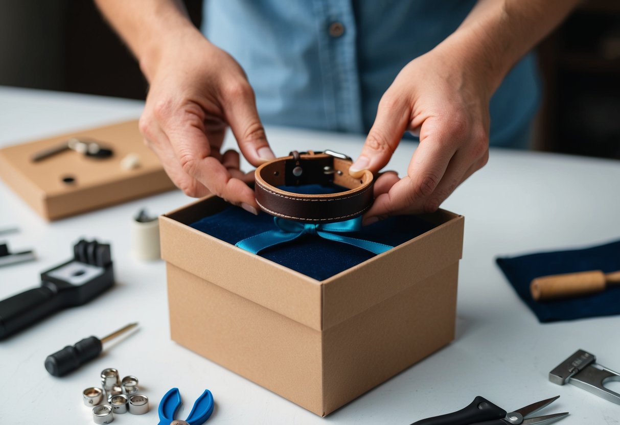 A handcrafted leather bracelet being placed in a gift box with a ribbon, surrounded by small tools and materials for customization