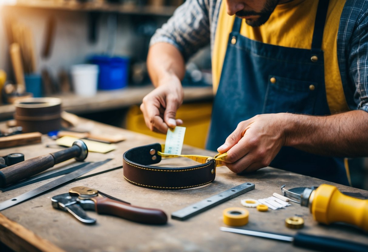 A leather bracelet being measured, cut, and stitched by a craftsman in a workshop. Various tools and materials are scattered on the workbench