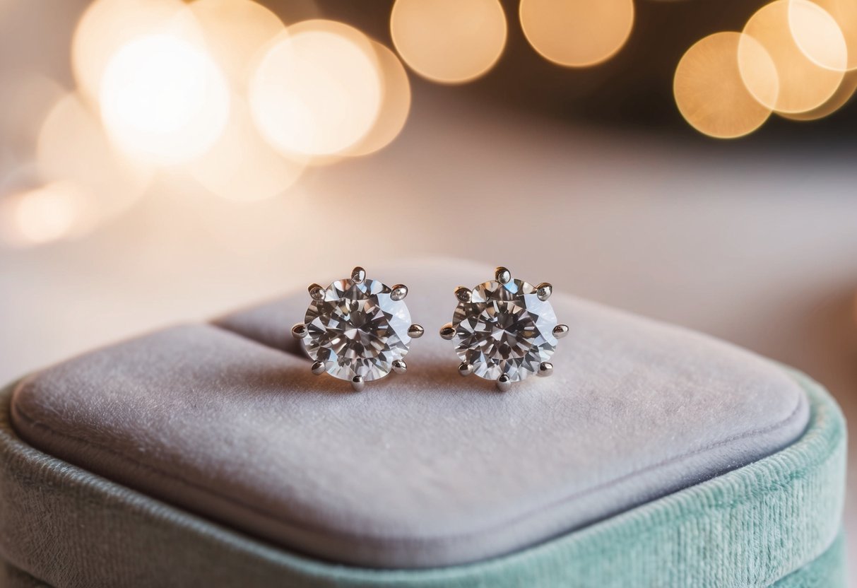 A pair of 1 carat diamond earrings sparkling under soft lighting, resting on a velvet display cushion