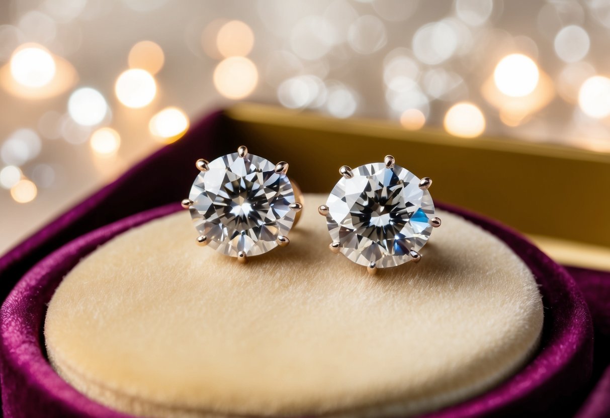 A pair of 1 carat diamond earrings resting on a velvet display pad under soft, warm lighting. The earrings are surrounded by delicate, sparkling details