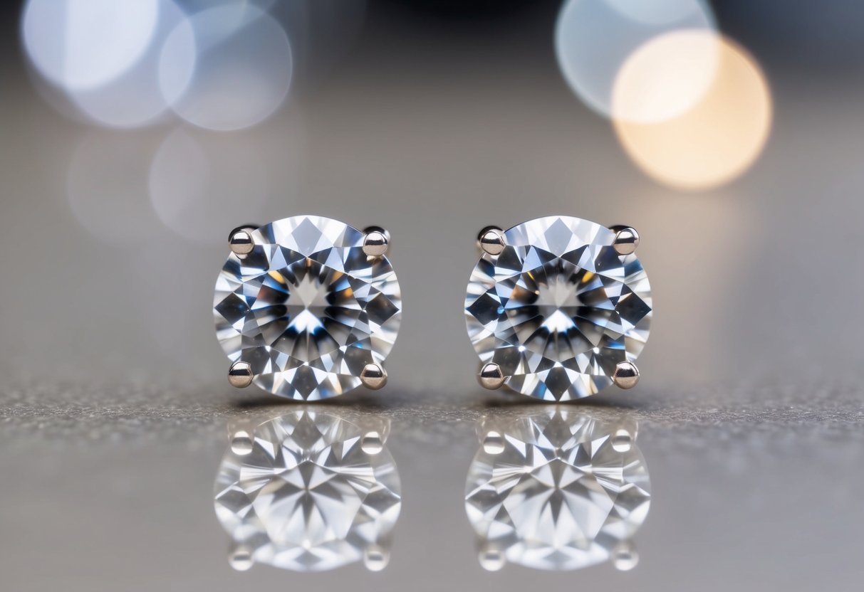 Two sparkling 1 carat diamond earrings, set in delicate white gold, catching the light and gleaming with brilliance