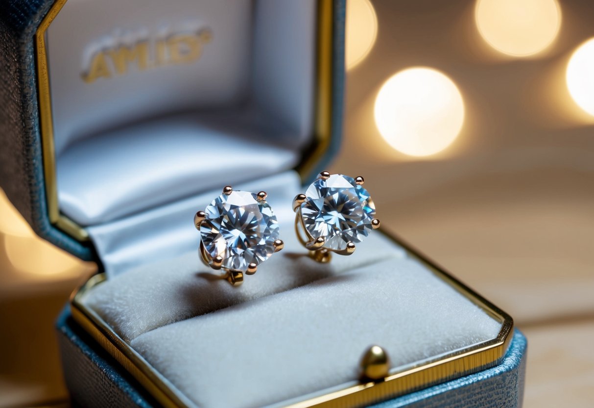 A pair of 1 carat diamond earrings displayed on a velvet cushion in a glass jewelry case, with soft lighting highlighting the sparkle and craftsmanship