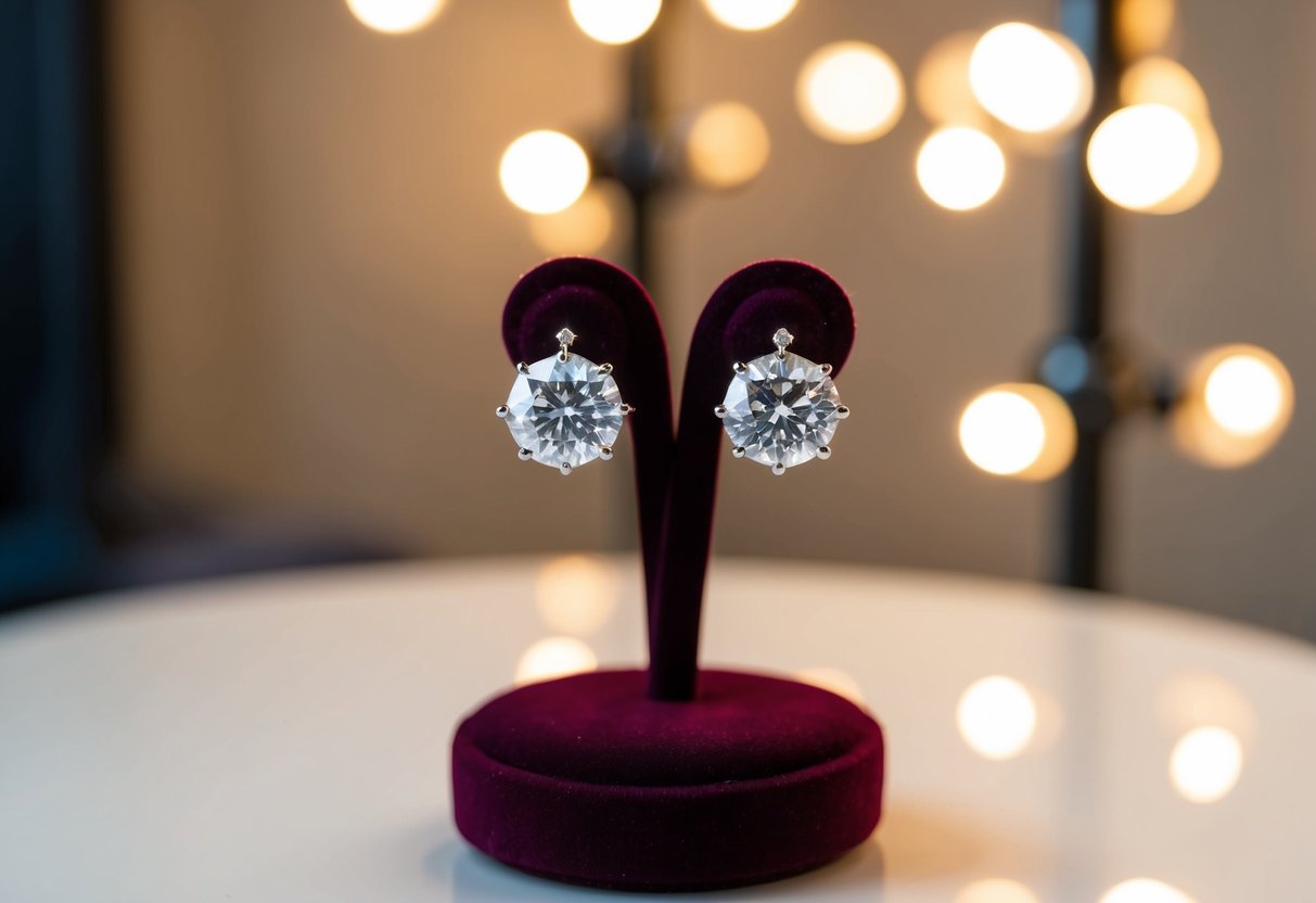 A pair of sparkling 1 carat diamond earrings displayed on a velvet jewelry stand under soft, warm lighting