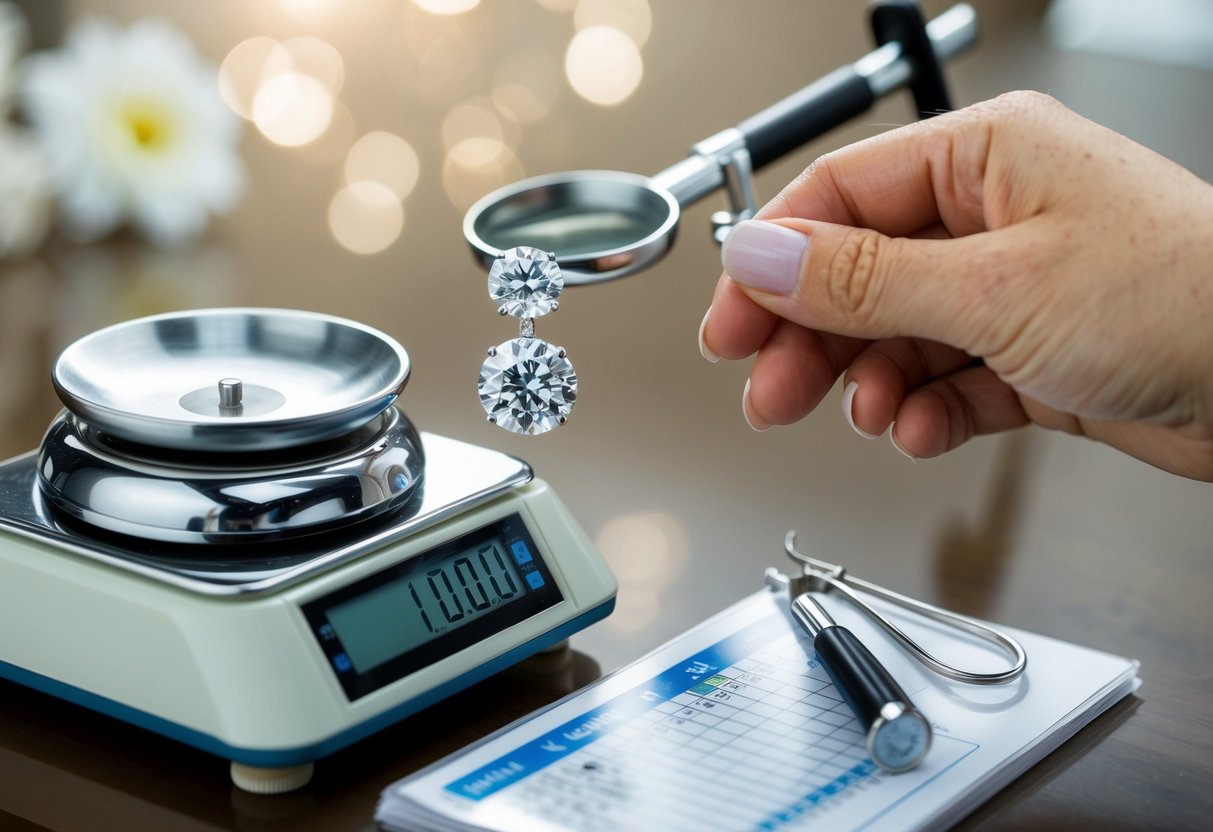 A pair of 1 carat diamond earrings being weighed on a precision scale, with a jeweler's loupe and pricing guide nearby