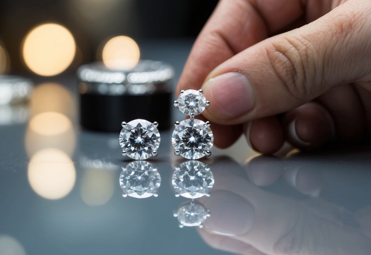 A jeweler carefully inspects a pair of sparkling 1 carat diamond earrings, ensuring they were ethically sourced