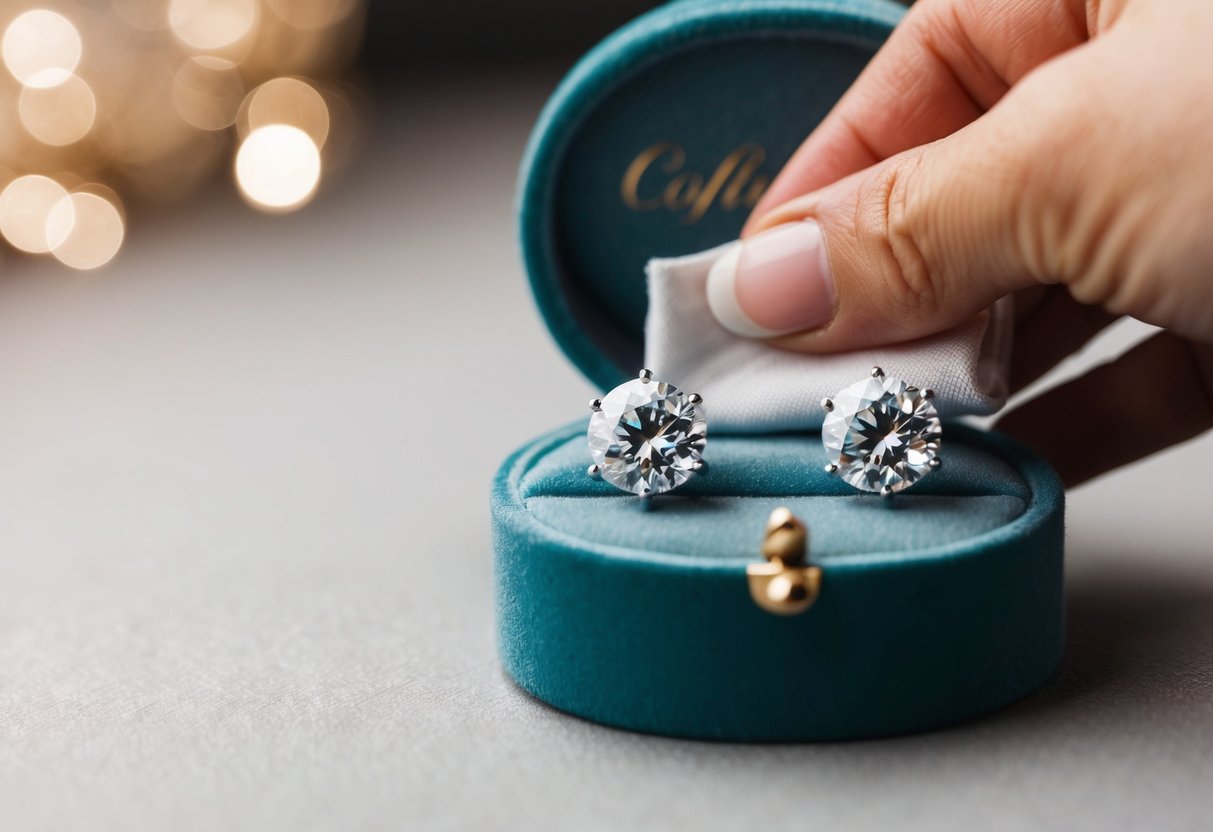 A pair of 1 carat diamond earrings being gently cleaned and polished with a soft cloth, then carefully stored in a velvet-lined jewelry box