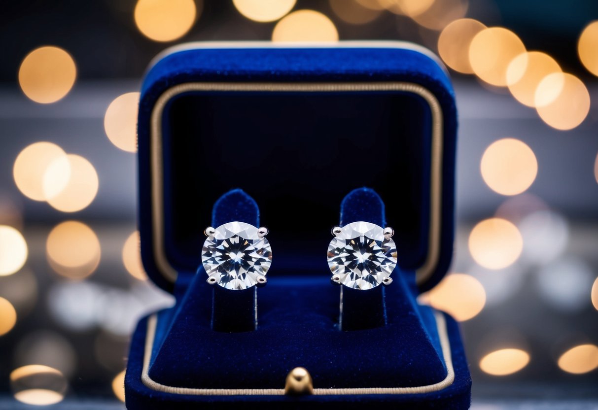 Two sparkling 1 carat diamond earrings displayed on a velvet cushion surrounded by a protective glass case