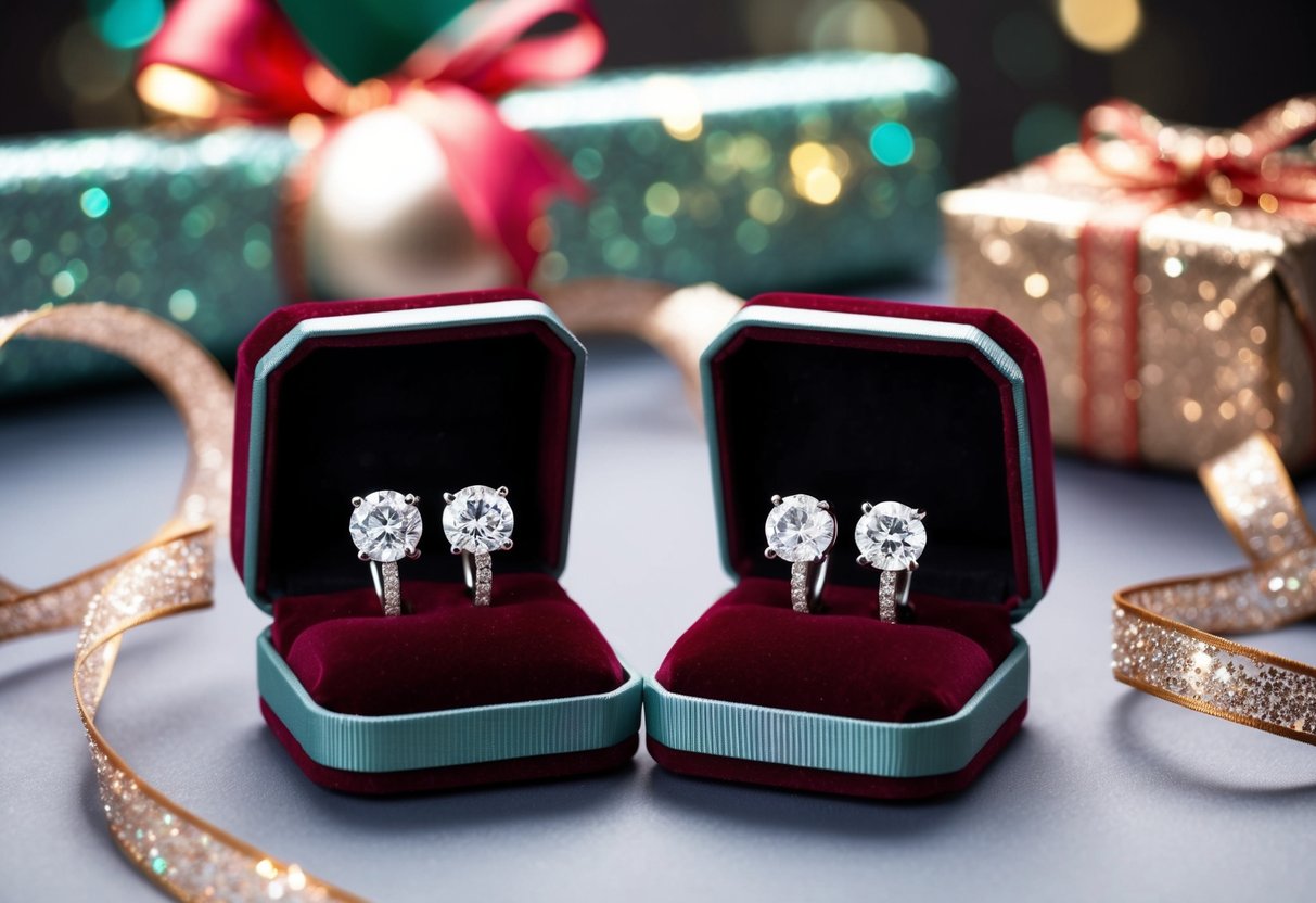 Two delicate 1 carat diamond earrings presented in a velvet-lined jewelry box, surrounded by shimmering gift wrap and a festive ribbon