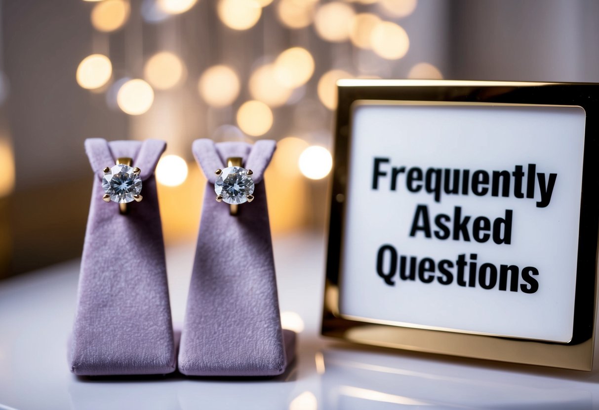 A pair of 1 carat diamond earrings displayed on a velvet jewelry stand under soft lighting, with a sign reading "Frequently Asked Questions" nearby