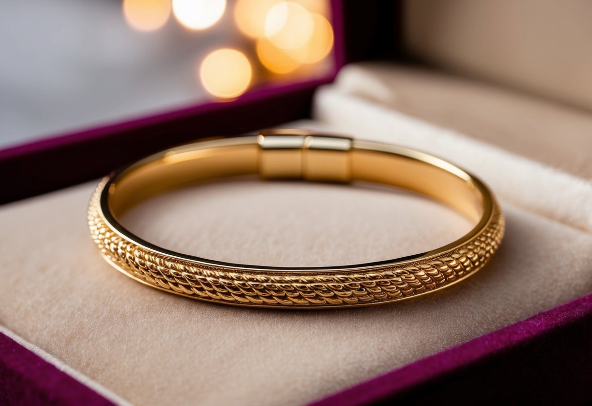 A 14k gold bracelet resting on a velvet jewelry display, catching the light and casting a warm, golden glow