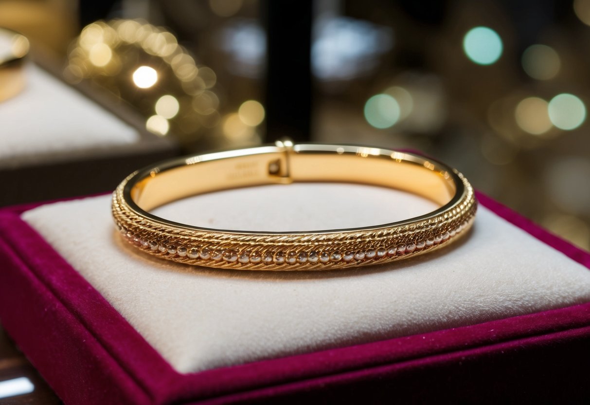 A 14k gold bracelet resting on a velvet jewelry display, catching the light to showcase its lustrous shine and intricate design details