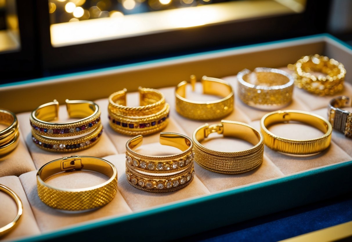 A display of various 14k gold bracelets arranged on a velvet-lined tray, catching the light and showcasing their unique designs and textures