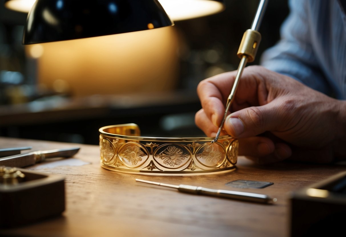 A jeweler meticulously shapes a 14k gold bracelet, carefully etching intricate designs onto its surface. The bracelet gleams under the warm glow of the workshop lights