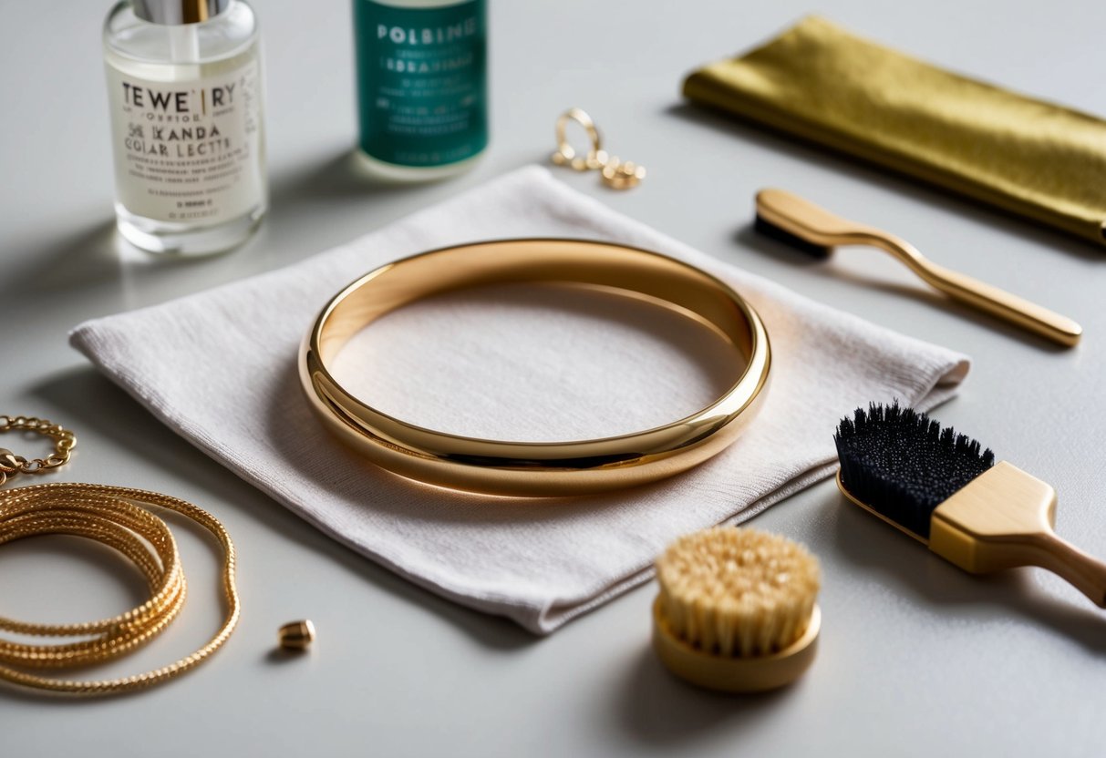 A 14k gold bracelet lies on a soft cloth, surrounded by a jewelry cleaning solution, a polishing cloth, and a small brush