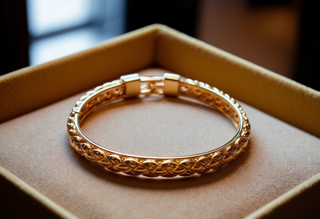 A 14k gold bracelet lies on a velvet-lined jewelry display. The warm glow of the metal catches the light, showcasing its intricate design and craftsmanship