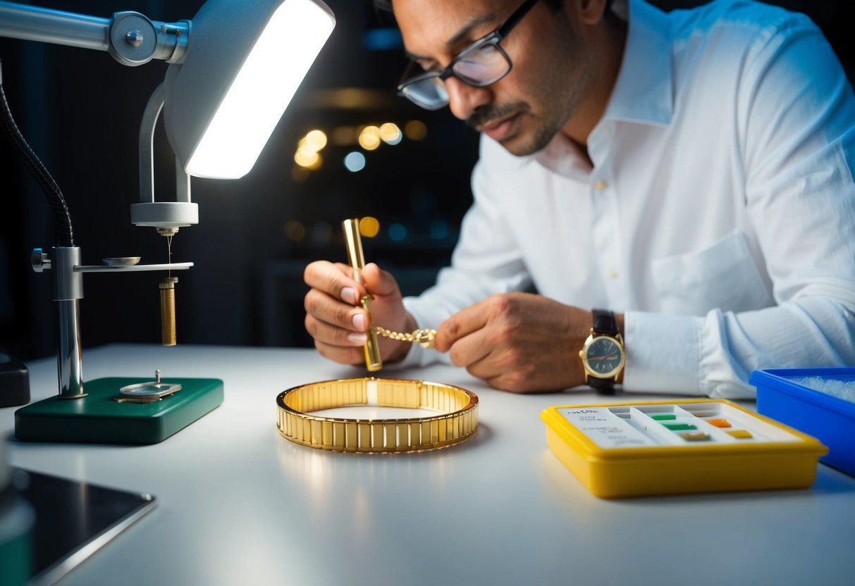 A jeweler inspects a 14k gold bracelet under a bright light, using a magnifying glass and acid testing kit to assess its quality and authenticity