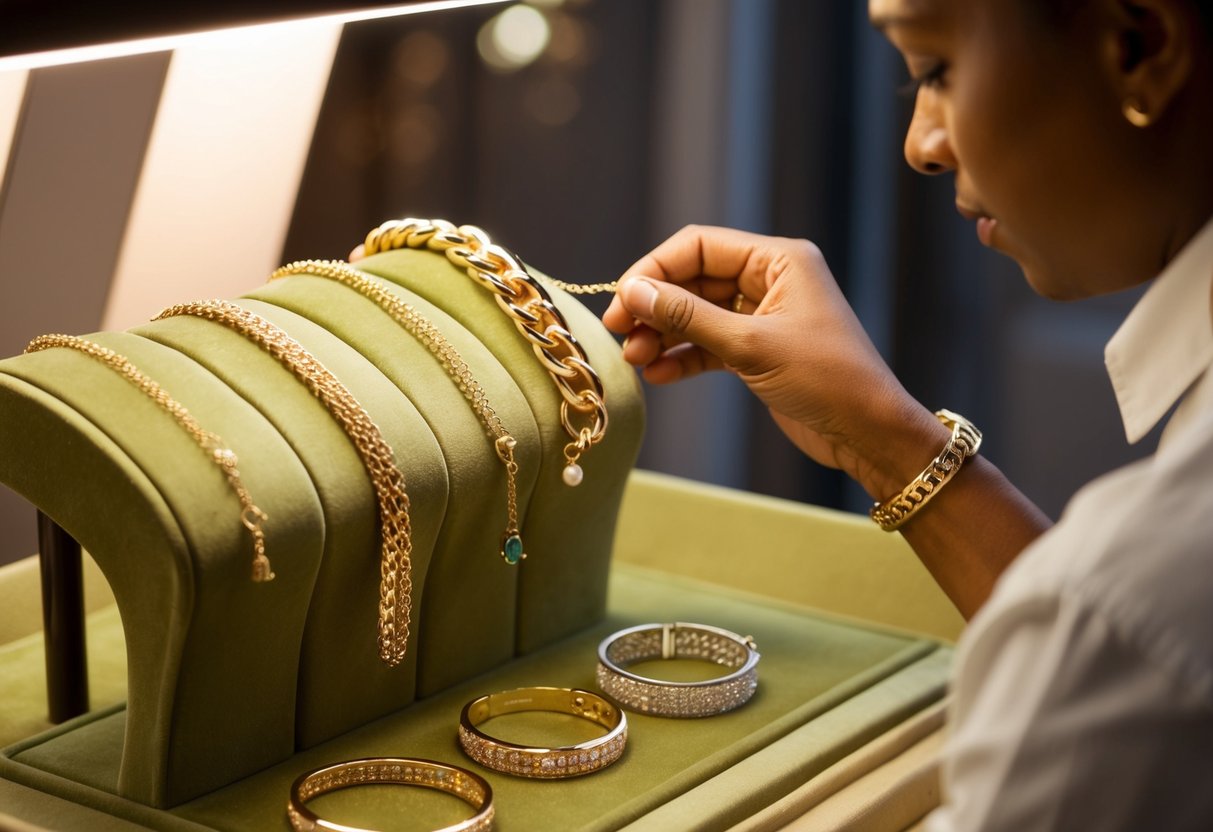 A jeweler carefully inspects a selection of 14k gold bracelets, arranging them on a velvet display stand under soft, warm lighting. The bracelets vary in style, from delicate chains to chunky bangles, each glinting in the light