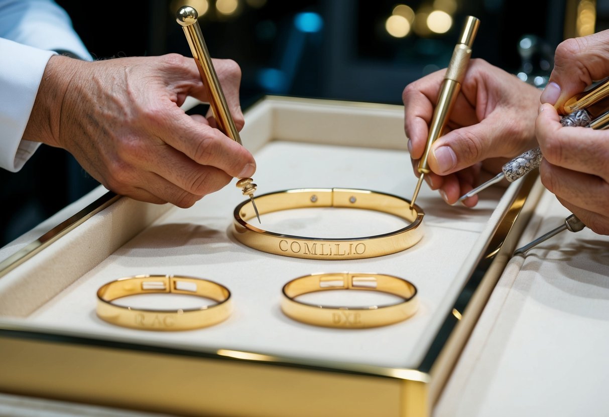 A jeweler carefully engraves initials onto a 14k gold bracelet, while another craftsman adds intricate designs using delicate tools. The finished bracelets are displayed in a luxurious showcase