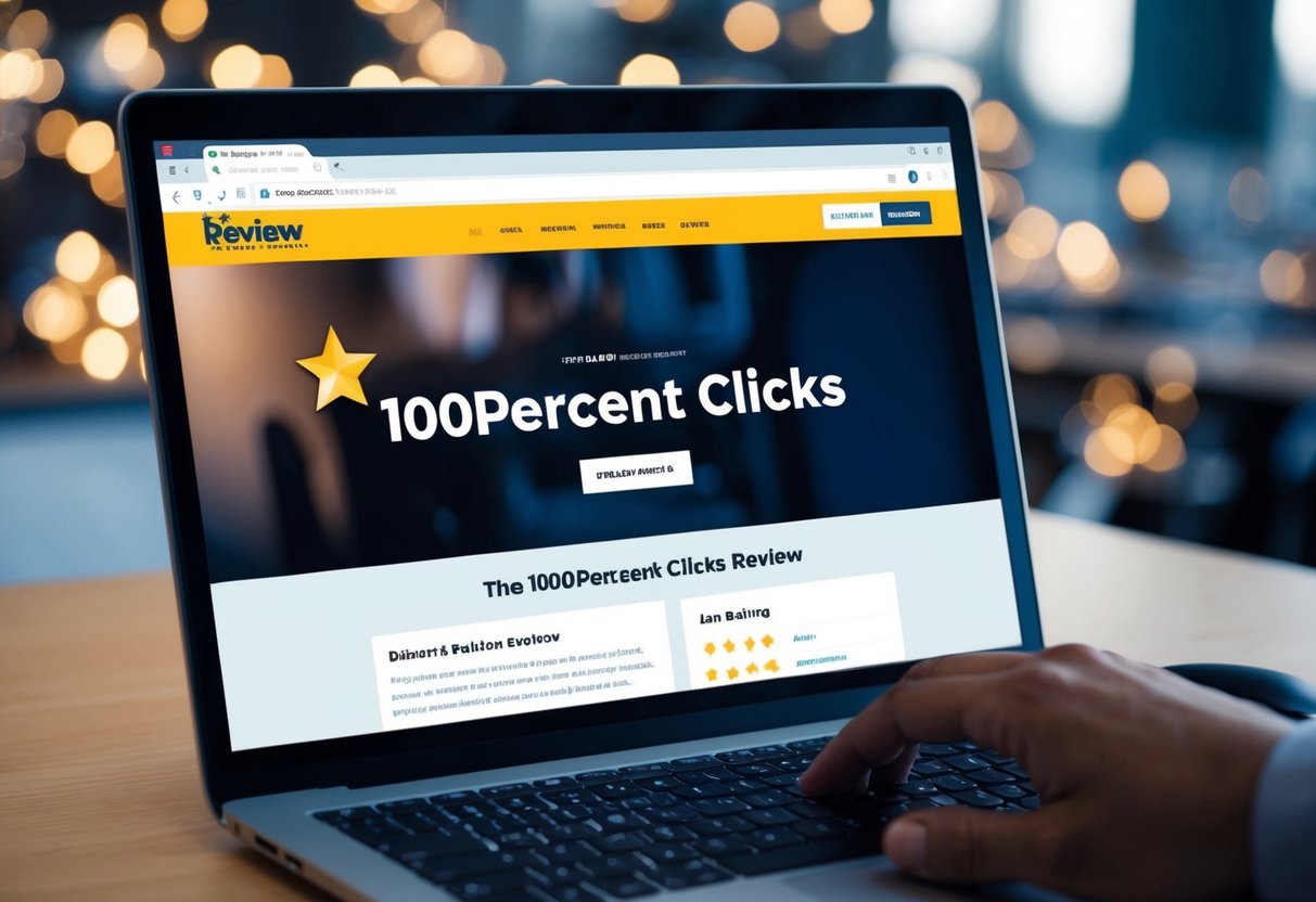 A laptop screen displaying the 100percent clicks review website, with a mouse cursor hovering over the star rating section